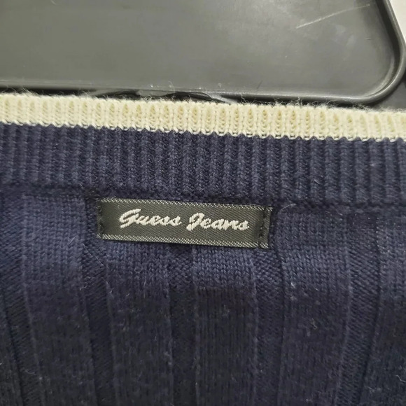 Guess Jeans Women's Vintage Navy Ivory‎ Preppy Ribbed V-neck Academia Sweater L - Picture 7 of 8